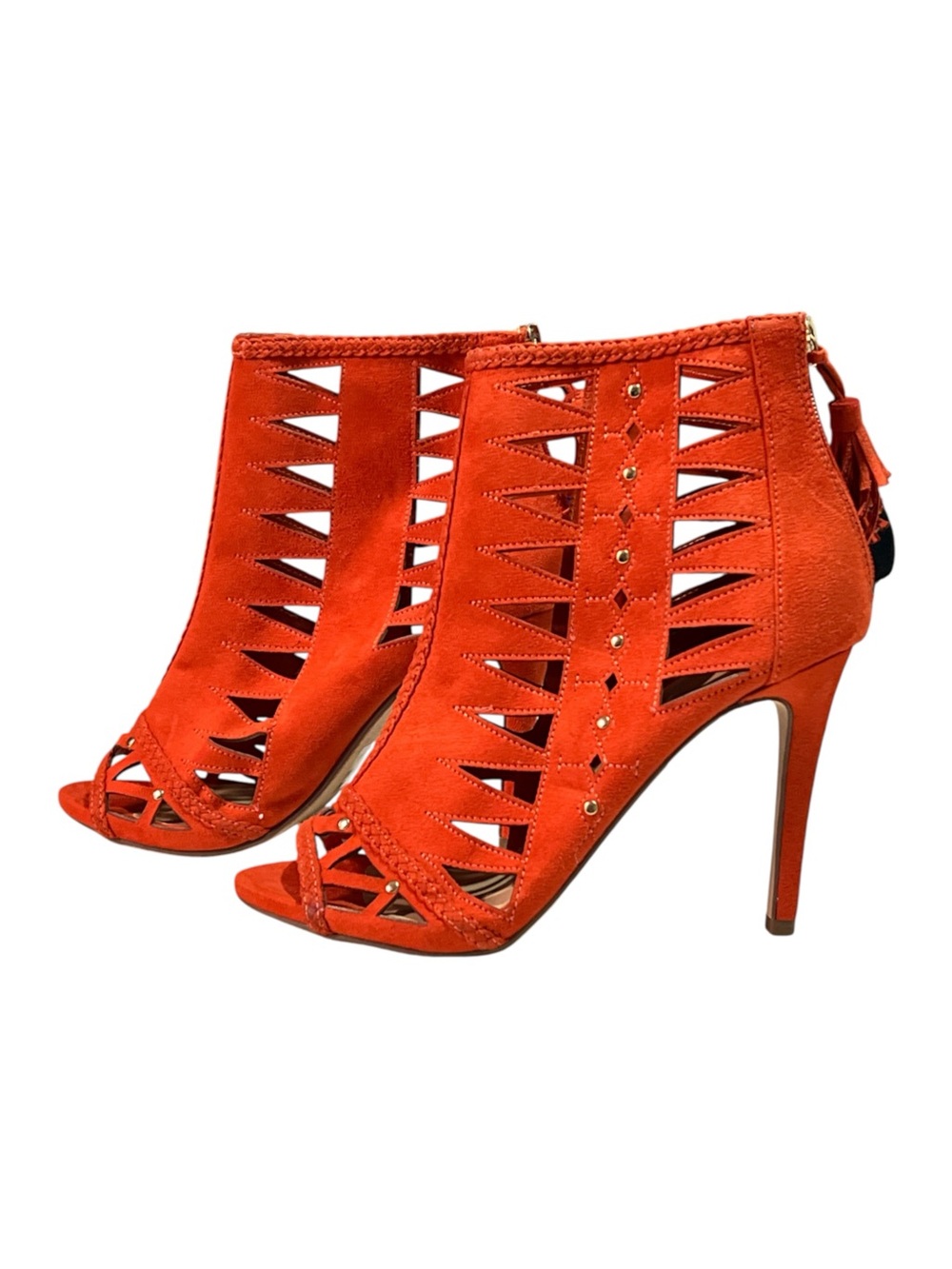 Heart In D Caged Laser-Cut Peep-Toe Stiletto Booties, Burnt Orange Suede Size 10